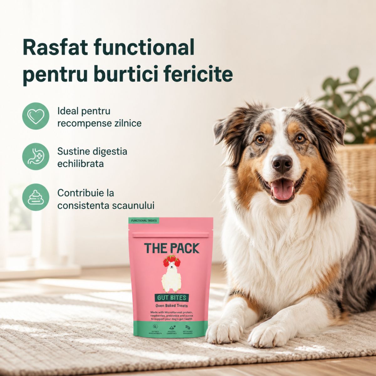 THE PACK Gut Bites, XS-XL, Fructe, punguță recompense câini, sistem digestiv, 100g - imagine 3